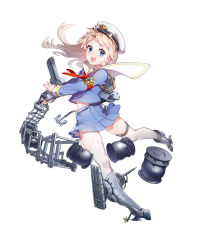 Rule 34 | 1girl, absurdres, anchor, battleship girl, blonde hair, blue eyes, england (battleship girl), full body, hat, highres, looking at viewer, mecha musume, military, navel, official art, open mouth, original, peaked cap, personification, quuni, school uniform, serafuku, skirt, solo, thighhighs, white background, white thighhighs