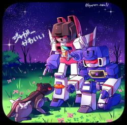 Rule 34 | 3boys, aoi rena, arm cannon, artist name, assault visor, border, cat teaser, chibi, decepticon, holding, holding toy, kneeling, laughing, mecha, multiple boys, night, night sky, on one knee, open mouth, ravage (transformers), red eyes, robot, shoulder cannon, sky, soundwave (transformers), star (sky), starry sky, starscream, toy, transformers, visor, weapon