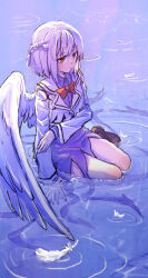 Rule 34 | 1girl, absurdres, angel wings, arm under breasts, bow, bowtie, braid, dress, feathered wings, feathers, flat chest, french braid, from above, grey hair, highres, jacket, kishin sagume, long sleeves, partially submerged, purple dress, red bow, red bowtie, reflection, ripples, shallow water, short hair, shouxishao jiuyuan, single wing, solo, thighs, touhou, water, white wings, wings
