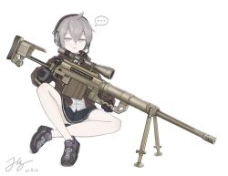 Rule 34 | 1girl, black skirt, bolt action, brown jacket, cheytac m200, dated, girls&#039; frontline, grey hair, gun, headset, highres, jacket, jerry wang, m200 (girls&#039; frontline), pleated skirt, purple eyes, rifle, scope, shirt, shoes, signature, skirt, sneakers, sniper rifle, speech bubble, weapon, white shirt