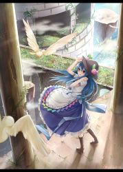 Rule 34 | 1girl, bird, blue hair, boots, bow, castle, floating rock, flower, food, fruit, hat, highres, hinanawi tenshi, long hair, open mouth, peach, pillar, plant, puffy short sleeves, puffy sleeves, red eyes, shirt, short sleeves, signature, skirt, solo, touhou, uruha (yw1109), very long hair, vines, wind