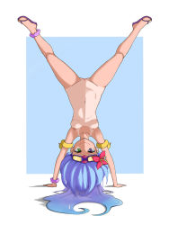 Rule 34 | 1girl, ankle scrunchie, armpits, bad id, bad pixiv id, blue background, blue hair, breasts, closed mouth, collarbone, flip-flops, flower, full body, gluteal fold, goggles, goggles on head, green eyes, hair flower, hair ornament, handstand, heterochromia, hibiscus, inflatable armbands, inu (100158312), league of legends, long hair, looking at viewer, navel, nipples, nude, official alternate costume, one-piece tan, pool party zoe, purple-framed eyewear, purple eyes, purple footwear, purple scrunchie, pussy, sandals, scrunchie, small breasts, smile, solo, spread legs, stomach, tan, tanline, two-tone background, wrist scrunchie, zoe (league of legends)