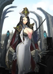 Rule 34 | 1girl, armor, black hair, blue eyes, book, breasts, capelet, cross, cross necklace, gloves, gradient background, hat, hong soon-jae, jewelry, long hair, looking at viewer, necklace, original, pauldrons, shoulder armor, skin tight, smile, solo, staff, standing