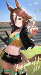 Rule 34 | 1girl, animal ears, black jacket, black shorts, black thighhighs, blurry, blurry background, brown hair, commentary request, dated, dolce (dolsuke), hair over one eye, happy birthday, highres, horse ears, horse girl, horse tail, index finger raised, jacket, jewelry, long hair, looking at viewer, midriff, navel, necklace, open clothes, open jacket, outdoors, short shorts, shorts, smile, solo, standing, tail, thighhighs, thighs, umamusume, vodka (umamusume), yellow eyes