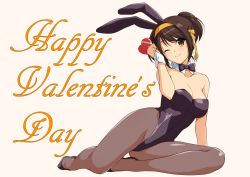 Rule 34 | 1girl, ;), animal ears, arm support, bare shoulders, black bow, black bowtie, black footwear, black leotard, black pantyhose, bow, bowtie, box, breasts, brown eyes, brown hair, cleavage, closed mouth, detached collar, fake animal ears, full body, hair ribbon, hairband, happy valentine, haruhisky, head tilt, heart-shaped box, highres, holding, holding box, leotard, looking at viewer, medium breasts, one eye closed, pantyhose, playboy bunny, ponytail, rabbit ears, rabbit girl, reclining, ribbon, shiny skin, simple background, sitting, smile, solo, strapless, strapless leotard, suzumiya haruhi, suzumiya haruhi no yuuutsu, tareme, wrist cuffs, yellow background, yellow hairband, yellow ribbon