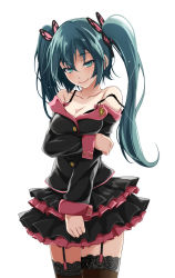 Rule 34 | 1girl, aqua eyes, aqua hair, arm under breasts, black shirt, black skirt, breasts, butterfly hair ornament, cleavage, collarbone, commentary, cowboy shot, frilled skirt, frills, garter straps, hair ornament, half-closed eyes, hatsune miku, highres, holding own arm, honey whip (module), lace, lace-trimmed legwear, lace trim, layered skirt, long hair, long sleeves, looking at viewer, medium breasts, project diva (series), seductive smile, shirt, skirt, smile, solo, spaghetti strap, thighhighs, tsukishiro saika, twintails, vocaloid, white background