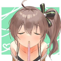 Rule 34 | 1girl, ahoge, bare shoulders, blush, brown hair, closed eyes, collarbone, commentary request, facing viewer, food, hair ribbon, highres, hololive, incoming pocky kiss, mouth hold, natsuiro matsuri, natsuiro matsuri (1st costume), off shoulder, one side up, pocky, pocky day, pov, ribbon, solo, twin (tt lsh), virtual youtuber