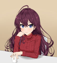 Rule 34 | 1girl, :3, ahoge, alternate costume, blue eyes, blush, chair, cup, fingernails, head on hand, ichinose shiki, idolmaster, idolmaster cinderella girls, leaning forward, lips, long hair, looking at viewer, nichijo, purple hair, red sweater, ribbed sweater, simple background, sitting, solo, sweater, table, tan background, turtleneck, turtleneck sweater, upper body