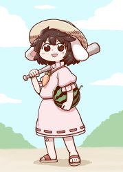 Rule 34 | 1girl, animal ears, bandaid, bandaid on knee, bandaid on leg, baseball bat, brown eyes, brown hair, bush, carrot necklace, carrying, carrying over shoulder, carrying under arm, cloud, commentary, day, dress, food, fruit, full body, highres, holding, holding food, holding fruit, inaba tewi, metal baseball bat, necklace, open mouth, outdoors, pink dress, poronegi, puffy short sleeves, puffy sleeves, rabbit ears, sandals, shadow, short hair, short sleeves, slippers, solo, standing, touhou, watermelon