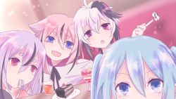 Rule 34 | 2girls, 2others, blouse, blue eyes, blue hair, cake, collar, drink, flower (gynoid talk), flower (vocaloid), flower (vocaloid4), food, fork, gynoid talk, hatsune miku, highres, holding, holding fork, kisalaundry, long hair, looking at viewer, meika hime, meika mikoto, multicolored hair, multiple girls, multiple others, parfait, pink eyes, pink hair, purple eyes, purple hair, red collar, sailor collar, shirt, short hair, sitting, streaked hair, twintails, upper body, utensil in mouth, vocaloid, white hair, white shirt