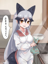 Rule 34 | 1girl, alternate costume, animal ears, apron, aramaru, bento, blurry, blurry background, brown eyes, brown kimono, commentary request, depth of field, fox ears, fox tail, grey hair, highres, holding, indoors, japanese clothes, kappougi, kemono friends, kimono, long hair, long sleeves, looking at viewer, open mouth, silver fox (kemono friends), smile, solo, standing, sunlight, tail, translation request