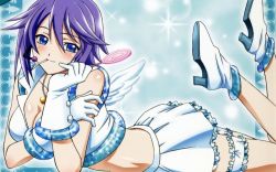 Rule 34 | 00s, 1girl, angel wings, arm grab, blue eyes, blush, breasts, candy, cleavage, food, gloves, high heels, jewelry, large breasts, lollipop, lying, midriff, necklace, on stomach, purple hair, ring, rosario+vampire, shirayuki mizore, shoes, short hair, skirt, smile, solo, swirl lollipop, wings