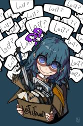 Rule 34 | 1girl, ?, ??, absurdres, blue background, blue eyes, blue hair, book, box, byleth (female) (fire emblem), byleth (fire emblem), cardboard box, commentary, crazy eyes, dice, english text, fire emblem, fire emblem: three houses, gameplay mechanics, highres, holding, holding box, knife, letter, looking at viewer, nintendo, rangut, sack, shaded face, short eyebrows, signature, simple background, smile, sword, thick eyebrows, weapon