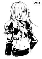 Rule 34 | 1girl, collar, detached sleeves, epaulettes, expressionless, gensou suikoden, gensou suikoden iv, greyscale, hand on own hip, kika, kika (suikoden), long hair, long sleeves, midriff, monochrome, navel, pants, sanjou sorata, simple background, solo, stomach, vest, white background