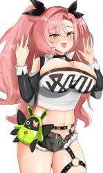 Rule 34 | 1girl, absurdres, bare shoulders, belt, black belt, black ribbon, breasts, commentary request, crop top, double v, green eyes, hair ribbon, highres, large breasts, long hair, long sleeves, looking at viewer, midriff, navel, nicole demara, open mouth, pink hair, pink lips, pokko, ribbon, short shorts, shorts, smile, solo, stomach, strapless, tube top, upper body, v, very long hair, zenless zone zero
