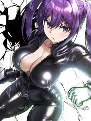 Rule 34 | 1girl, absurdres, black bodysuit, black gloves, bodysuit, breasts, cleavage, closed mouth, collarbone, commentary, ebora, english commentary, glass shards, gloves, hair between eyes, highres, holding cube, kouzaku mitori, large breasts, latex, long hair, official alternate costume, partially unzipped, psychic, purple eyes, purple hair, shattered, shiny clothes, simple background, solo, sweatdrop, toaru kagaku no mental out, toaru kagaku no railgun, toaru majutsu no index, twintails, zipper pull tab