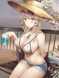 Rule 34 | 1girl, animal ear fluff, animal ears, arknights, bare shoulders, bikini, bikini top only, blue shorts, braid, breasts, brown hair, brown hat, brown jacket, cleavage, covered erect nipples, cup, denim, denim shorts, drinking glass, drinking straw, eyewear on head, fang, front-tie bikini top, front-tie top, grey bikini, hair ornament, hairclip, hat, highres, holding, holding cup, jacket, jewelry, large breasts, long hair, looking at viewer, micro shorts, nail polish, navel, necklace, off shoulder, official alternate costume, open clothes, open jacket, purple eyes, round eyewear, ru zhai, short shorts, shorts, sitting, slit pupils, smile, solo, spaghetti strap, stomach, strap gap, straw hat, string bikini, sunglasses, swimsuit, swimsuit cover-up, thighs, tropical drink, twin braids, utage (arknights), utage (summer flowers) (arknights), wide sleeves, x hair ornament