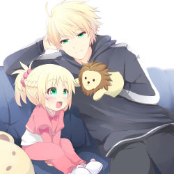 Rule 34 | 1boy, 1girl, :d, aged down, arthur pendragon (fate), blonde hair, blush, bow, braid, child, closed mouth, commentary, fang, fate/apocrypha, fate/prototype, fate (series), father and daughter, french braid, green eyes, hair bobbles, hair ornament, happy, highres, hood, hood down, hoodie, ikazu401, long sleeves, looking at another, mordred (fate), mordred (fate/apocrypha), open mouth, pants, pink bow, pink pants, ponytail, sitting, slippers, smile, sock puppet