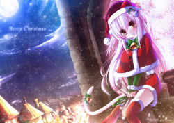 Rule 34 | 1girl, animal ears, cat, cat ears, cat tail, christmas, female focus, hat, highres, long hair, original, outdoors, pink hair, red eyes, sack, santa costume, shia flatpaddy, sky, solo, syroh, tail, thighhighs