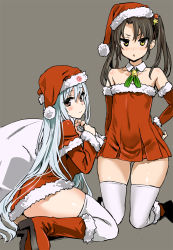 Rule 34 | 10s, 2girls, alternate costume, asanagi, ass, bare shoulders, bell, blush, body blush, boots, brown eyes, brown hair, christmas, collarbone, covered navel, detached collar, dress, elbow gloves, flat chest, fur boots, fur trim, gloves, hair bobbles, hair ornament, hand on own hip, hat, holding, kantai collection, knee boots, long hair, multiple girls, open mouth, red dress, red footwear, red gloves, sack, santa boots, santa costume, santa hat, short dress, shoukaku (kancolle), silver hair, simple background, skindentation, smile, star (symbol), star hair ornament, thick thighs, thighhighs, thighs, triangle mouth, twintails, white legwear, yellow eyes, zuikaku (kancolle)