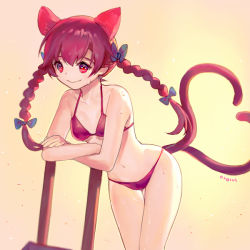 Rule 34 | 1girl, ainy, animal ears, backlighting, bad id, bad pixiv id, bikini, blue bow, bow, braid, cat ears, cat tail, closed mouth, cowboy shot, crossed arms, extra ears, eyelashes, hair between eyes, hair bow, heart, heart tail, kaenbyou rin, leaning forward, looking away, multiple tails, nekomata, red bikini, red eyes, red hair, smile, solo, string bikini, sweat, swimsuit, tail, thigh gap, touhou, twin braids, twintails, two tails, wet, yellow background