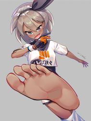 Rule 34 | 1girl, barefoot, bea (pokemon), blush, creatures (company), dark skin, feet, foot focus, game freak, grey eyes, gym leader, hairband, highres, looking at viewer, nintendo, open mouth, overlord (overlord80000), pokemon, pokemon swsh, pov, silver hair, soles, toes