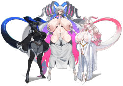 Rule 34 | 3girls, areola slip, ash dragon (konoshige), bare shoulders, belt, big hair, black background, black dragon (konoshige), black hair, black horns, black skin, black thighhighs, blue eyes, blue hair, blue skin, blush, boots, breast curtains, breasts, choker, cleavage, closed eyes, closed mouth, colored skin, commentary request, cowboy shot, curled horns, curvy, detached sleeves, dragon girl, dragon girl (konoshige), dragon horns, dragon tail, dress, english text, eyes visible through hair, fang, floral print, full body, gradient background, gradient hair, grey background, grey hair, grey skin, groin, hair between eyes, high heels, highres, horns, huge areolae, huge breasts, jacket, jewelry, konoshige (ryuun), large nipples, long hair, looking at viewer, maebari, monster girl, mother and daughter, multicolored hair, multiple girls, nail polish, navel, nipples, open clothes, original, partially visible vulva, pasties, pelvic curtain, pink hair, pink horns, pink nails, pointy ears, purple eyes, purple hair, revealing clothes, scar, shiny clothes, shiny skin, short hair with long locks, sidelocks, skin fang, skindentation, sleeves past fingers, sleeves past wrists, slit pupils, smile, standing, tail, thick eyebrows, thick thighs, thigh boots, thighhighs, thighs, two-tone background, two-tone hair, very long hair, white background, white dragon (konoshige), white hair, wide hips, zipper