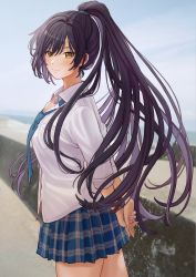 Rule 34 | 1girl, arms behind back, black hair, blush, breasts, highres, idolmaster, idolmaster shiny colors, large breasts, long hair, looking at viewer, loose necktie, necktie, open collar, outdoors, own hands together, plaid, plaid skirt, pleated skirt, ponytail, school uniform, shirase sakuya, shirt, skirt, smile, solo, tanupon, very long hair, white shirt, wristband