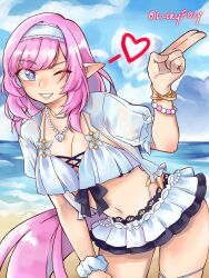 1girl absurdres beach bikini bikini_skirt blue_eyes blue_sky bracelet breasts cleavage cloud commentary cowboy_shot elf elysia_(honkai_impact) elysia_(miss_pink_elf)_(honkai_impact) elysia_(summer_miss_elf)_(honkai_impact) english_commentary hairband heart highres honkai_(series) honkai_impact_3rd jewelry large_breasts long_hair luckyf0xy navel necklace official_alternate_costume one_eye_closed parted_lips pearl_necklace pink_hair pointy_ears sky solo stomach swimsuit thighs twitter_username white_bikini white_hairband