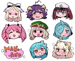 Rule 34 | 6+girls, ahoge, aimitsu (ibityuttyu), anger vein, averting eyes, blonde hair, blue eyes, blue hair, blush, brown hair, chibi, closed eyes, closed mouth, copyright name, cross-shaped pupils, disembodied head, double bun, drill hair, drooling, flying sweatdrops, forehead tattoo, full-face blush, hair bun, hair over one eye, hat, heart, heart ahoge, heavy breathing, highres, leberblume, leoparde (mahou shoujo ni akogarete), loco musica, magia azure, magia baiser, magia magenta, magia sulfur, mahou shoujo ni akogarete, military hat, mouth drool, multicolored hair, multiple girls, nero alice, open mouth, pink eyes, pink hair, purple hair, red eyes, star tattoo, streaked hair, symbol-shaped pupils, tattoo, twin drills