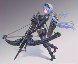Rule 34 | 1girl, ballista, black footwear, black gloves, black shirt, black shorts, boots, bow (weapon), breasts, commentary, crossbow, denki, elbow gloves, english commentary, full body, gloves, goggles, goggles on head, grey background, grey pantyhose, high heel boots, high heels, holding, holding bow (weapon), holding crossbow, holding weapon, huge weapon, large breasts, pantyhose under shorts, long hair, long sleeves, looking away, low twintails, original, pantyhose, parted lips, purple eyes, purple hair, scope, shadow, shirt, short shorts, shorts, solo, standing, standing on one leg, twintails, very long hair, weapon