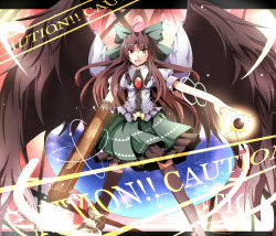 Rule 34 | 1girl, ahoge, arm cannon, black wings, bow, brown hair, brown thighhighs, cape, caution, concrete, energy ball, english text, female focus, green skirt, hair bow, highres, letterboxed, long hair, open mouth, petticoat, red eyes, reiuji utsuho, shino (moment), shirt, skirt, solo, thighhighs, third eye, touhou, weapon, wings