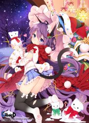 Rule 34 | 1girl, animal ears, ass, bare shoulders, blue eyes, blush, byulzzi, cat ears, cat tail, christmas, christmas tree, copyright name, feet, long hair, looking at viewer, looking back, night, night sky, official art, original, purple hair, scarf, scissors, sky, snow, snowman, solo, tail, thighhighs, unleashed, very long hair, wide sleeves