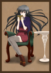 Rule 34 | 1girl, ankle boots, armchair, black hair, book, boots, brown eyes, capelet, chair, floating hair, full body, grey thighhighs, highres, long hair, lost july, one eye closed, original, sash, sitting, solo, table, thighhighs, wink