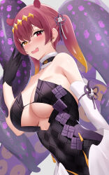 Rule 34 | 1girl, absurdres, bare shoulders, black choker, black dress, black gloves, black ribbon, blush, breasts, choker, commentary, cosplay, detached sleeves, dress, english commentary, gloves, hair between eyes, hair ribbon, heterochromia, highres, hololive, hololive english, houshou marine, large breasts, looking at viewer, medium hair, ninomae ina&#039;nis, ninomae ina&#039;nis (1st costume), ninomae ina&#039;nis (cosplay), open mouth, red eyes, red hair, ribbon, skai kun, solo, strapless, strapless dress, tentacle hair, tentacles, tube dress, twintails, virtual youtuber, white sleeves, yellow eyes
