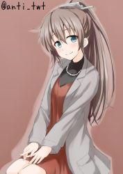 Rule 34 | 10s, 1girl, anti (untea9), blue eyes, blush, brown background, brown hair, dress, formal, grey jacket, hands on own knees, hands on own thighs, highres, jacket, jewelry, kantai collection, kumano (kancolle), long hair, long sleeves, looking at viewer, necklace, ponytail, red dress, simple background, sitting, smile, solo, twitter username