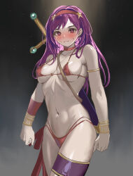 Rule 34 | 1girl, athena (series), bikini, blush, breasts, cleavage, covered erect nipples, highres, large breasts, legs, long hair, looking at viewer, navel, princess athena, purple hair, red bikini, red eyes, smile, snk, solo, swimsuit, sword, thighs, thong bikini, weapon