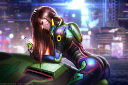 Rule 34 | 1girl, blurry, blurry background, bodysuit, bottle, brown hair, city, closed eyes, d.va (overwatch), drink, facepaint, facial mark, gloves, high collar, leaning on object, liang xing, lips, long hair, meka (overwatch), nano cola, nano d.va, night, official alternate costume, outdoors, overwatch, overwatch 1, parted lips, patreon username, pilot suit, rain, ribbed bodysuit, shoulder pads, skin tight, skyline, solo, watermark, web address, whisker markings