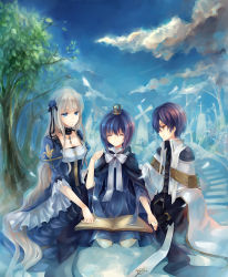 Rule 34 | 1boy, 2girls, bad id, bad pixiv id, blue hair, book, brother and sister, cloud, crown, day, dhiea, dhiea seville (pause), flower, grave, hair flower, hair ornament, highres, holding hands, long hair, mo seville (pause), multiple girls, open book, outdoors, pause (dhiea), reading, short hair, siblings, sitting, smile, very long hair, white hair