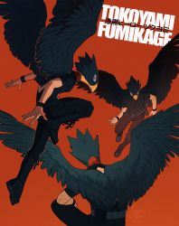 Rule 34 | 1boy, animal head, artist name, back cutout, beak, belt, belt pouch, bird boy, black footwear, black pants, black shirt, black wings, boku no hero academia, boots, character name, clothing cutout, commentary, cross-laced footwear, english commentary, facing away, feathered wings, fingernails, highres, knee boots, lace-up boots, leg up, looking at viewer, male focus, multiple views, pants, pouch, red background, red eyes, shirt, short sleeves, sitting, spidertams, t-shirt, tokoyami fumikage, wings, wristband