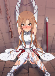 Rule 34 | 10s, 1girl, angry, arms up, asuna (sao), bdsm, belt, blush, bondage, bound, bound arms, braid, breasts, brown eyes, brown hair, captured, chain, crown braid, cuffs, elbow gloves, female focus, furious, gloves, highres, ishii takamori, large breasts, long hair, looking at viewer, on floor, panties, parted lips, pee, peeing, peeing self, shackles, sitting, solo, steam, sweat, sword art online, thighhighs, torn clothes, torn thighhighs, underwear, white gloves, white panties, white thighhighs