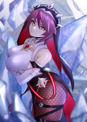 Rule 34 | 1girl, absurdres, bare shoulders, breasts, cleavage, crossed arms, elbow gloves, fishnet pantyhose, fishnets, from side, genshin impact, gloves, half-closed eyes, highres, icicle, jrpulse, large breasts, looking at viewer, pantyhose, purple hair, rosaria (genshin impact), solo, veil, yellow eyes