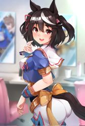 Rule 34 | 1girl, animal ears, arched back, ass, black hair, bow, highres, horse ears, horse girl, horse tail, kitasan black (umamusume), looking at viewer, multicolored hair, open mouth, red eyes, sailor collar, sezok, solo, tail, turning head, umamusume, white hair