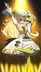 Rule 34 | 1girl, arm up, armpits, bare shoulders, blonde hair, blue eyes, blush, detached sleeves, dress, flower, frilled dress, frills, gloves, glowstick, green pantyhose, hair flower, hair ornament, hair over one eye, high heels, holding, holding microphone, idol, isekai joucho, kamitsubaki studio, leg up, light particles, long hair, microphone, mizunashi hayate, multicolored clothes, multicolored dress, open mouth, pantyhose, smile, solo, stage lights, teeth, upper teeth only, virtual youtuber, white dress, white footwear, white gloves, yellow flower
