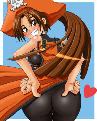 Rule 34 | 1girl, arc system works, ass, bad id, bad pixiv id, blush, brown eyes, brown hair, from behind, gousaikoo, grin, guilty gear, hat, heart, long hair, looking back, may (guilty gear), pantyhose, pirate, pirate hat, ponytail, skull and crossbones, smile, solo