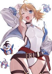 Rule 34 | 1girl, absurdres, ahoge, armpits, belt, bird, blonde hair, blue eyes, breasts, earrings, fang, goggles, goggles on head, granblue fantasy, highres, jacket, jewelry, kameno sachi, leotard, one eye closed, pengie, penguin, skin fang, small breasts, solo, twintails, white background, white jacket