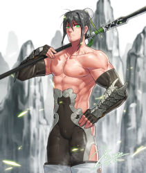 Rule 34 | 1boy, abs, bara, bare pectorals, bare shoulders, black bodysuit, black hair, bodysuit, bulge, bun cover, chinese clothes, covered navel, detached sleeves, facial hair, fate/grand order, fate (series), genderswap, genderswap (ftm), green eyes, hand on own hip, hip vent, holding, holding lance, holding polearm, holding weapon, jin (sirius-j), lance, large pectorals, looking at viewer, male focus, medium hair, muscular, muscular male, navel, navel hair, nipples, over shoulder, pectorals, polearm, qin liangyu (fate), side slit, sidelocks, skin tight, solo, stomach, stubble, thick thighs, thighs, weapon, weapon over shoulder