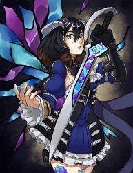 Rule 34 | 1girl, artist request, black hair, bloodstained: ritual of the night, blue eyes, breasts, brown hair, detached sleeves, gauntlets, gradient hair, hair between eyes, hair ornament, highres, horns, looking at viewer, miriam (bloodstained), multicolored hair, pale skin, short hair, solo, stained glass, sword, tattoo, weapon