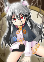 Rule 34 | 1girl, animal ears, buttons, chain, clock, collar, grey hair, hair between eyes, ichimi, looking at viewer, microphone, navel, original, pixiv fantasia, pixiv fantasia t, red eyes, smile, solo, tail, wolf ears, wolf tail