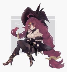 Rule 34 | 1girl, ahoge, black pantyhose, boots, braid, detached sleeves, dorothy (sinoalice), feathers, fingerless gloves, frills, gloves, hair ornament, hairclip, hat, highres, long hair, looking to the side, merry-san, open mouth, pantyhose, purple eyes, purple hair, shorts, simple background, sinoalice, sitting, witch, witch hat